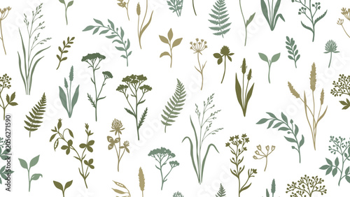 Foto Delicate botanical pattern of green leaves and sprigs on white background for seamless texture