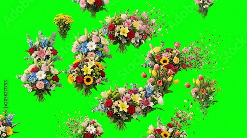 Colorful Flower Arrangements with Bright Mixed Blooms on Green Screen Background