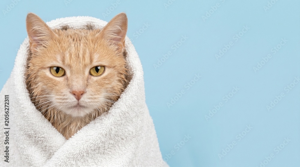 Fototapeta Cute orange cat wrapped in white towel, feline portrait, pet photography, animal in towel