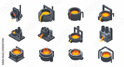 Quadro su tela Set of isometric icons representing industrial furnaces and molten metal pouring processes