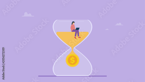 Businesswoman sitting on the hourglass with laptop. Time management or time is money concept.