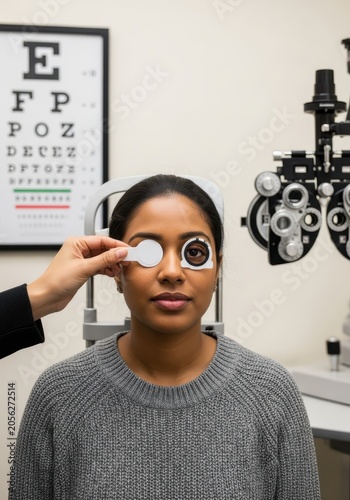Young Indian Woman Undergoing Professional Eye Examination and Vision Test in Modern Optometry Clinic
