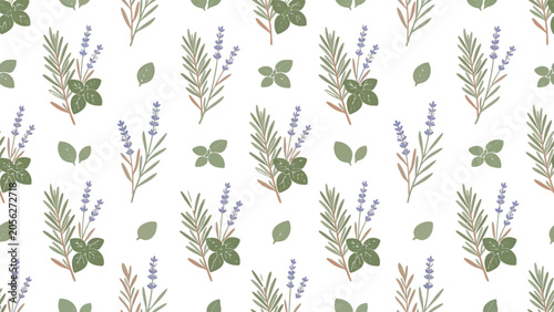 Canvas-taulu Repeating botanical leaf pattern with various green and purple sprigs on white background