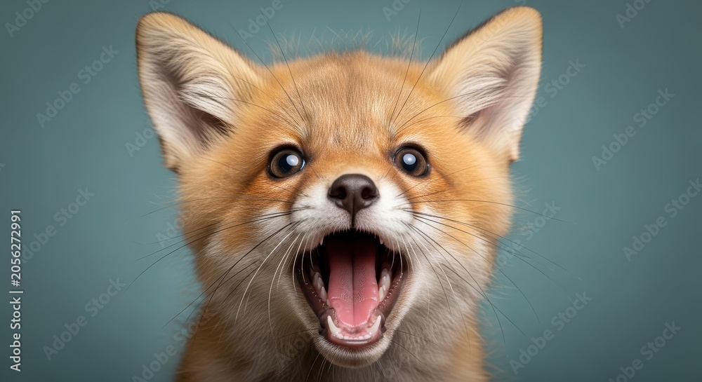 Fototapeta premium Close-up Portrait of a Cute Red Fox Cub with Mouth Wide Open Expressing Surprise or Excitement