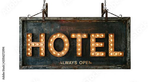 Vintage hotel sign with illuminated always open letters hanging outdoors isolated on transparent background
