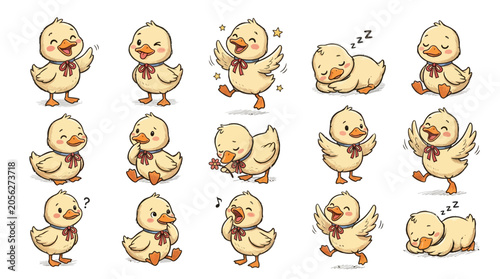 Fotografie Kawaii baby duckling character set, 15 cute yellow duck stickers with various em