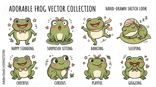 Fotografija Adorable frog vector collection, hand-drawn sketch look with 8 cute frog charact