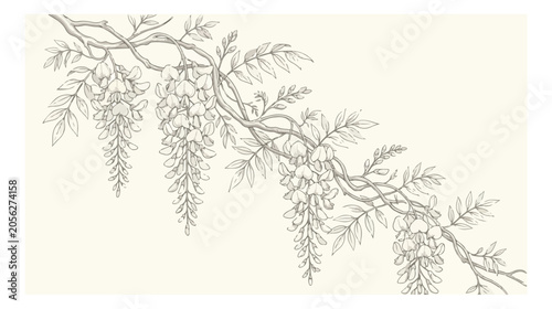 Vintage wisteria vine line art vector, elegant botanical sketch of hanging flowers and leaves, hand drawn floral branch for wedding invitations