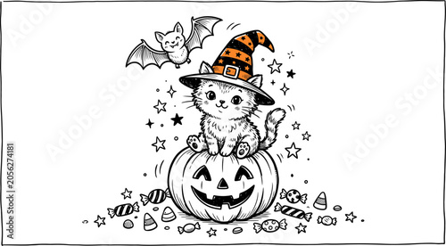 Tableau sur toile Halloween kitten in a witch hat on a jackolantern with candy and a bat