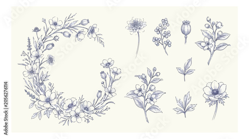Elegant botanical floral wreath vector, hand-drawn vintage flower frame, delicate wildflower illustration set, nature-inspired design elements for wedding invitations and branding
