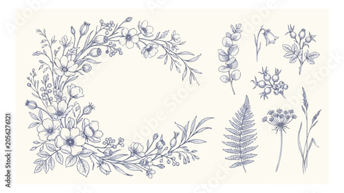 Elegant botanical vector set, hand-drawn floral wreath and individual wild flower elements, delicate blue line art illustrations for wedding invitations and natural designs