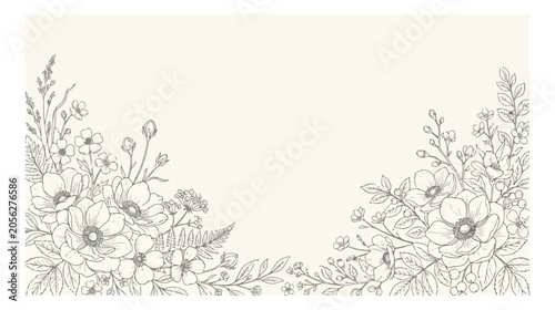 Elegant floral vector background, hand-drawn botanical illustration, delicate wildflower border, vintage garden design for wedding invitations and greeting cards
