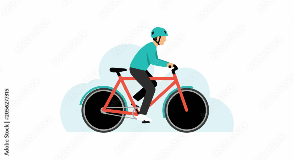 Fototapeta premium A person in a helmet rides a red bicycle with black wheels and teal accents on a white background