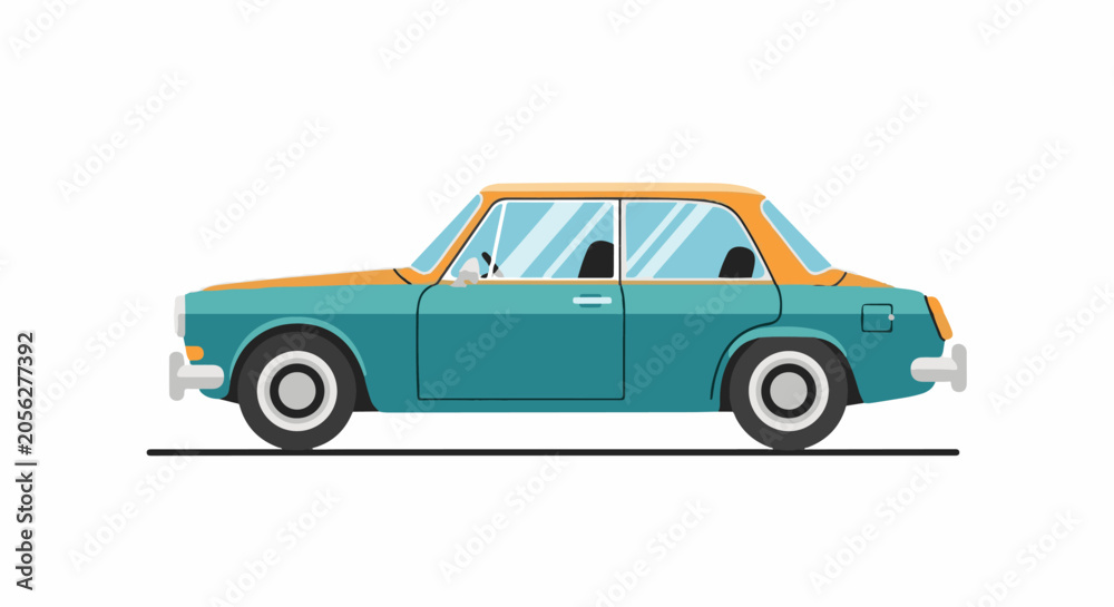 Fototapeta premium A retro blue and orange sedan with tinted windows