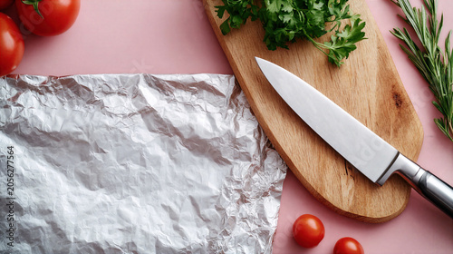 Crinkled aluminum foil with fresh herbs, tomatoes, and kitchen knife on wooden cutting board