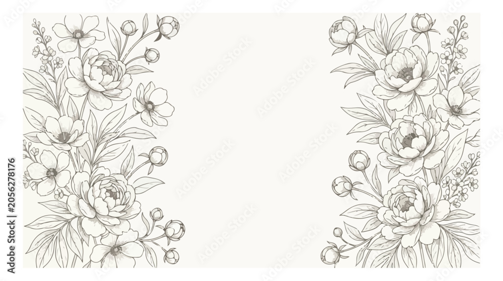 Fototapeta premium Vintage floral line art border, elegant hand drawn flower frame with peonies and leaves, botanical sketch vector for wedding invitations and cards