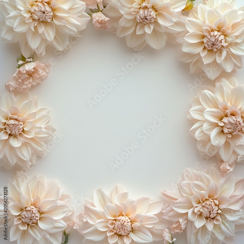 Delicate White Dahlia Flowers Arranged in a Circular Frame on a White Background.