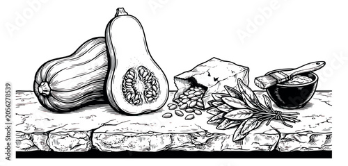 Cuadro en lienzo Vintage butternut squash engraving, hand drawn autumn harvest vegetables with sa
