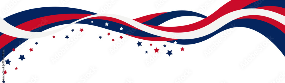 Fototapeta premium American flag colors wavy header with falling stars banner design element for patriotic events and celebrations.