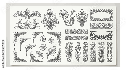 Vintage Art Nouveau floral ornaments set, decorative black line borders and corners, elegant botanical filigree vector elements for wedding invitations