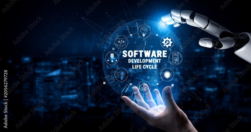 Naklejka premium Futuristic Robotic Hand Interacting with Software Development Life Cycle Icons in a Technological Background Quark.