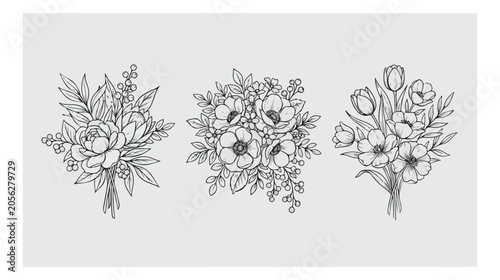 Hand drawn floral bouquet vector set, vintage line art flower arrangements with anemones and tulips, elegant botanical sketches for wedding invitations