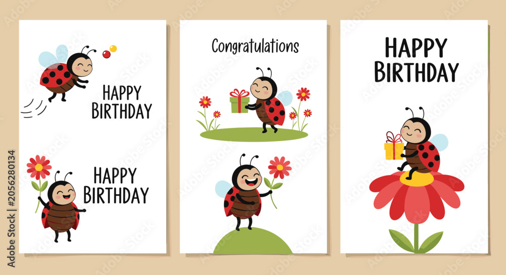 Fototapeta premium Collection of three cute ladybug-themed birthday greeting cards with cheerful characters holding flowers and gifts for a special celebration.