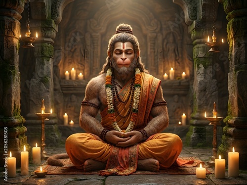 Hanuman statue meditating in ancient candlelit temple setting