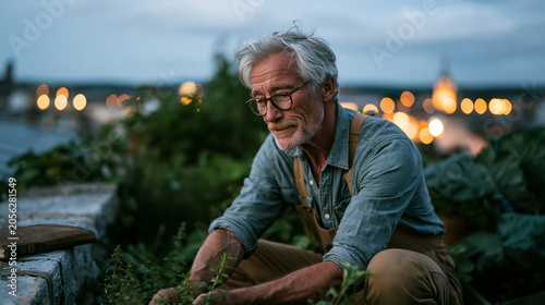 Twilight blue hour rooftop urban garden where older man harvests September herbs following circadian-aligned daily rhythm, habitual timing visible in practiced movement, city