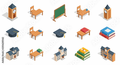 Isometric icons representing school and university elements, including buildings, desks, books, and graduation caps.
