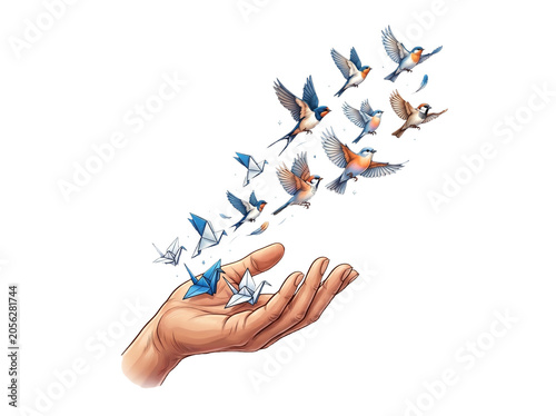 Happiness Is Letting Go – Paper Birds Transforming into Flying Birds Symbolizing Freedom, Growth and Positive Change