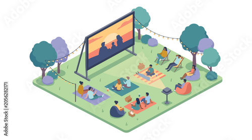 Outdoor Movie Night Isometric Illustration for Community Gathering and Leisure Event Concepts