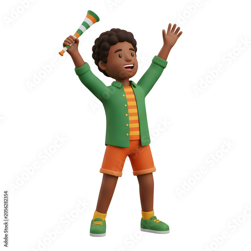 3D cartoon woman in green sweater and orange pants