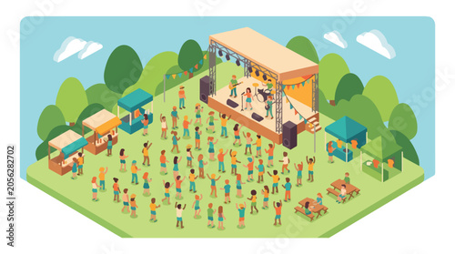Music Festival Isometric Outdoor Concert Crowd Dancing at Park Stage for Event Promotion