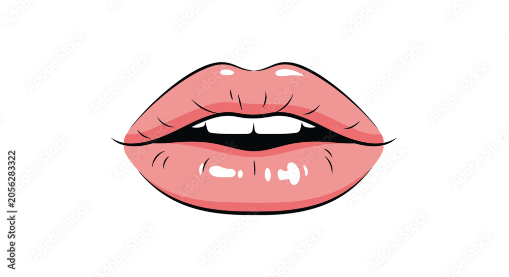 Fototapeta premium Close-up artistic illustration of shiny pink female lips with white teeth visible in a slightly open and expressive facial expression.