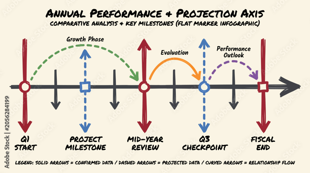 Naklejka premium Business performance projection axis compares annual goals and milestones