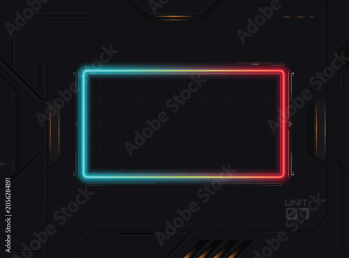 Futuristic sci fi HUD interface background central rectangular frame with a vibrant neon glow transitioning from cyan to red