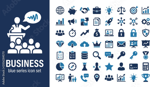 Business icon set displays various professional symbols in shades of blue for corporate communication.