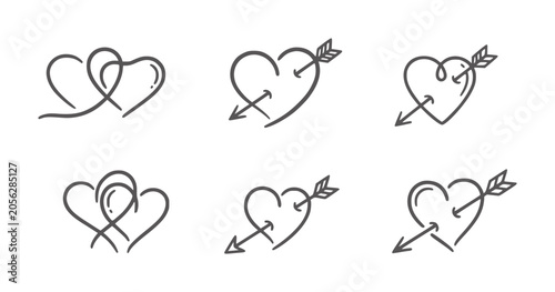 Six hand drawn heart with arrows and intertwined love romance symbol