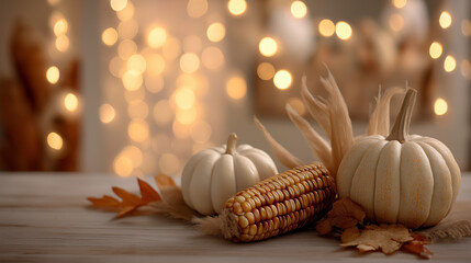a brown wooden table is adorned with pumpkins, gourds, and corn. a crate lantern is surrounded by autumn fruits against an old, dark brown background with glowing candles and fairy lights, creating a 