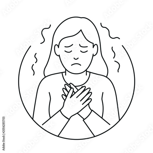 Fear, anxiety and emotional distress line icon. Sad woman experiencing stress, panic, worry and mental health challenges. Ideal for psychology, therapy, wellness, healthcare and awareness content.