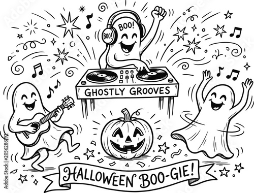 Bild auf Leinwand Halloween boogie party with ghosts and pumpkin