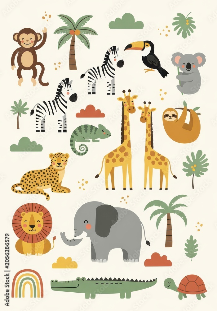 Fototapeta premium Cute Jungle Animals Vector Set for Kids Nursery, Cartoon Safari Wildlife Illustration with Lion, Elephant, and Giraffe