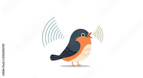 Schilderij op canvas Cute robin bird singing, sound waves, illustration