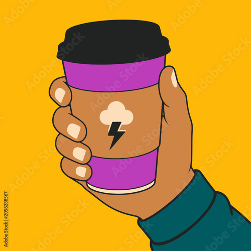 Hand holding purple coffee cup cloud lightning bolt icon yellow background pop art illustration