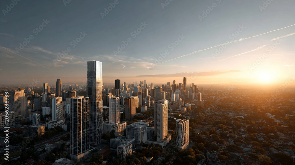 Fototapeta premium Metropolitan skyline cityscape skyscraper sunset urban architecture tower downtown with warm light over dense city horizon