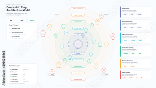 Bild auf Leinwand Concentric Ring Architecture Diagram Infographic Template — Clean Hexagonal Onio