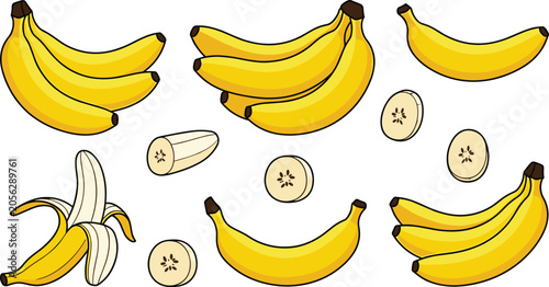 Konstfotografi Fresh yellow banana vector set with whole fruits bunches peeled banana and round