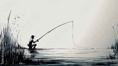 Pêcheur silhouette lançant sa ligne depuis un ponton au coucher du soleil
