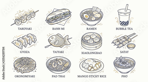 Konstfotografi A delightful collection of popular Asian street food dishes, illustrated in a charming hand-drawn style